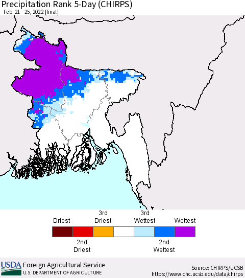 Bangladesh Precipitation Rank since 1981, 5-Day (CHIRPS) Thematic Map For 2/21/2022 - 2/25/2022