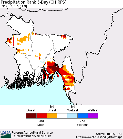 Bangladesh Precipitation Rank since 1981, 5-Day (CHIRPS) Thematic Map For 3/1/2022 - 3/5/2022