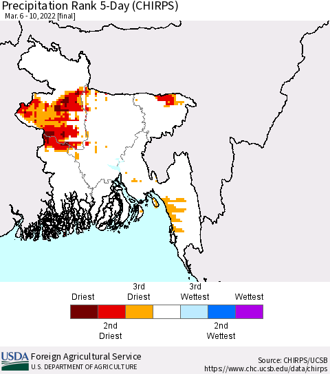 Bangladesh Precipitation Rank since 1981, 5-Day (CHIRPS) Thematic Map For 3/6/2022 - 3/10/2022