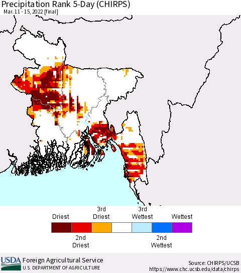 Bangladesh Precipitation Rank since 1981, 5-Day (CHIRPS) Thematic Map For 3/11/2022 - 3/15/2022