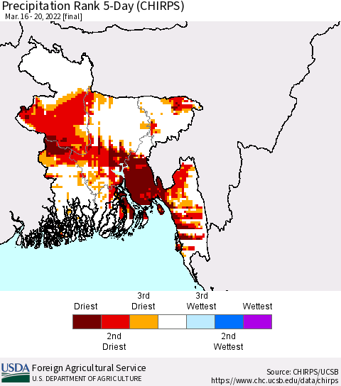 Bangladesh Precipitation Rank since 1981, 5-Day (CHIRPS) Thematic Map For 3/16/2022 - 3/20/2022