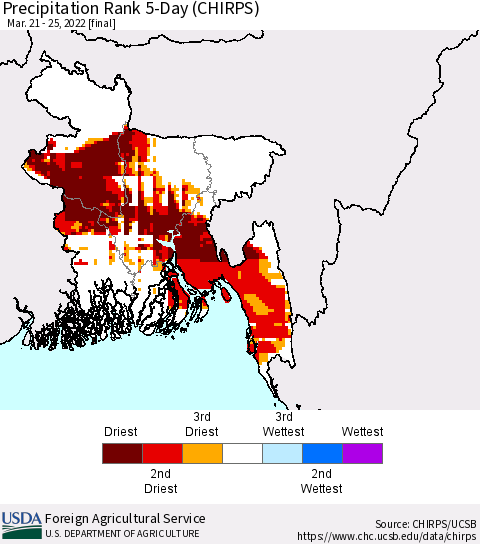 Bangladesh Precipitation Rank since 1981, 5-Day (CHIRPS) Thematic Map For 3/21/2022 - 3/25/2022