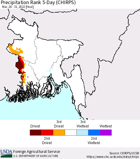 Bangladesh Precipitation Rank since 1981, 5-Day (CHIRPS) Thematic Map For 3/26/2022 - 3/31/2022