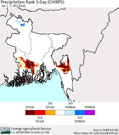 Bangladesh Precipitation Rank since 1981, 5-Day (CHIRPS) Thematic Map For 4/1/2022 - 4/5/2022