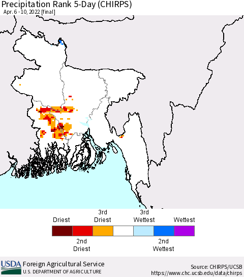 Bangladesh Precipitation Rank since 1981, 5-Day (CHIRPS) Thematic Map For 4/6/2022 - 4/10/2022