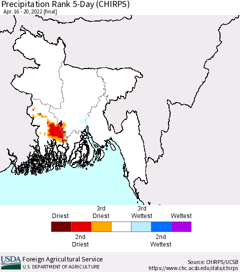Bangladesh Precipitation Rank since 1981, 5-Day (CHIRPS) Thematic Map For 4/16/2022 - 4/20/2022