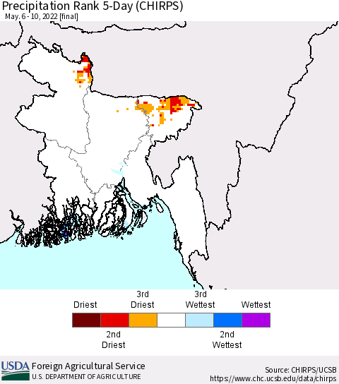 Bangladesh Precipitation Rank since 1981, 5-Day (CHIRPS) Thematic Map For 5/6/2022 - 5/10/2022