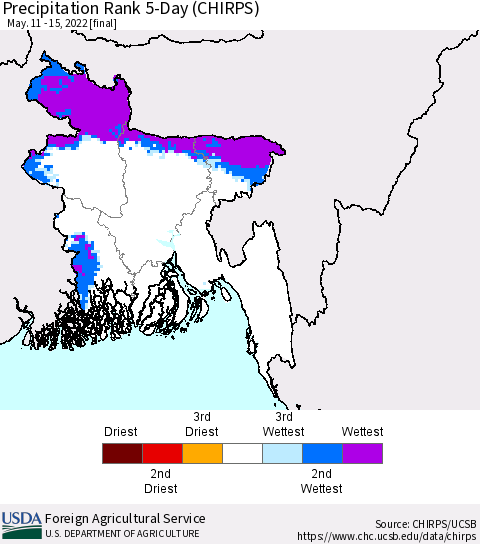 Bangladesh Precipitation Rank since 1981, 5-Day (CHIRPS) Thematic Map For 5/11/2022 - 5/15/2022
