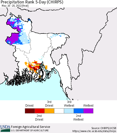 Bangladesh Precipitation Rank since 1981, 5-Day (CHIRPS) Thematic Map For 5/16/2022 - 5/20/2022
