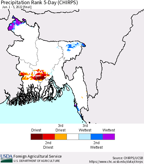Bangladesh Precipitation Rank since 1981, 5-Day (CHIRPS) Thematic Map For 6/1/2022 - 6/5/2022