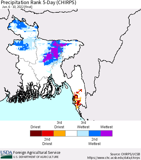 Bangladesh Precipitation Rank since 1981, 5-Day (CHIRPS) Thematic Map For 6/6/2022 - 6/10/2022