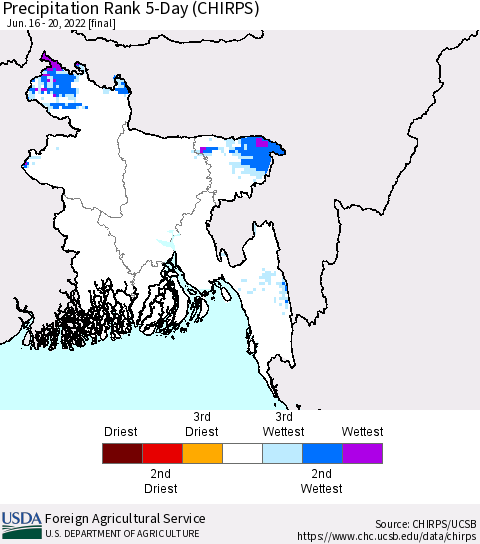 Bangladesh Precipitation Rank since 1981, 5-Day (CHIRPS) Thematic Map For 6/16/2022 - 6/20/2022