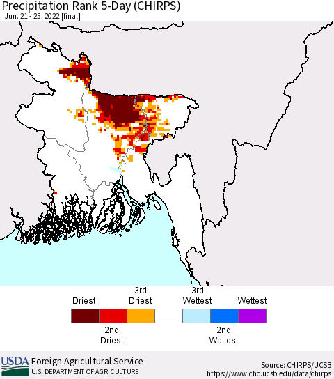 Bangladesh Precipitation Rank since 1981, 5-Day (CHIRPS) Thematic Map For 6/21/2022 - 6/25/2022