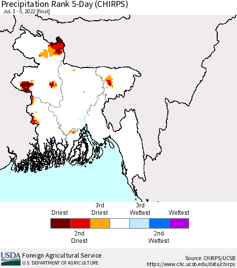 Bangladesh Precipitation Rank since 1981, 5-Day (CHIRPS) Thematic Map For 7/1/2022 - 7/5/2022
