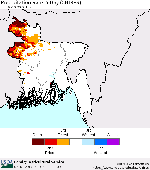Bangladesh Precipitation Rank since 1981, 5-Day (CHIRPS) Thematic Map For 7/6/2022 - 7/10/2022