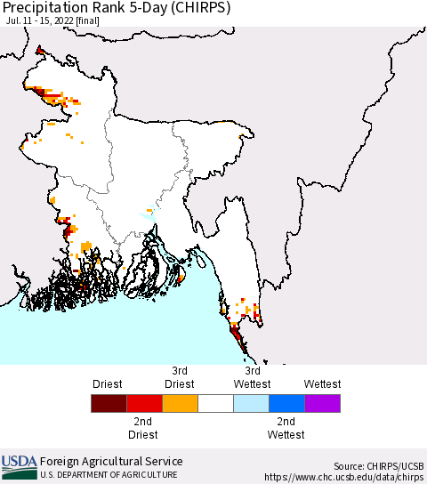 Bangladesh Precipitation Rank since 1981, 5-Day (CHIRPS) Thematic Map For 7/11/2022 - 7/15/2022