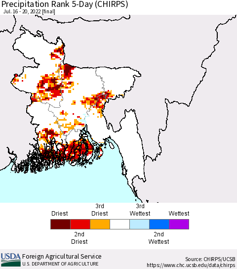 Bangladesh Precipitation Rank since 1981, 5-Day (CHIRPS) Thematic Map For 7/16/2022 - 7/20/2022