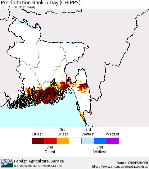 Bangladesh Precipitation Rank since 1981, 5-Day (CHIRPS) Thematic Map For 7/26/2022 - 7/31/2022