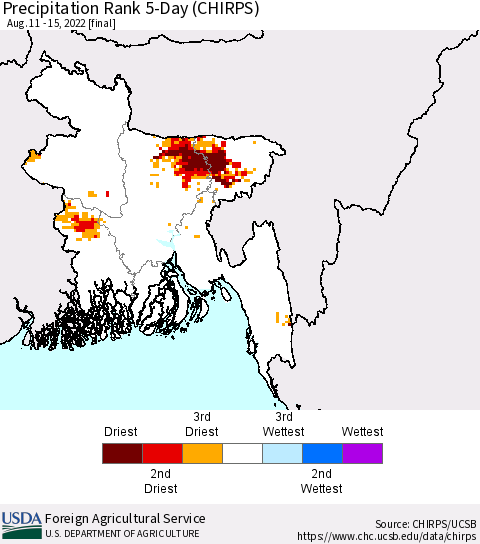 Bangladesh Precipitation Rank since 1981, 5-Day (CHIRPS) Thematic Map For 8/11/2022 - 8/15/2022
