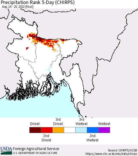 Bangladesh Precipitation Rank since 1981, 5-Day (CHIRPS) Thematic Map For 8/16/2022 - 8/20/2022