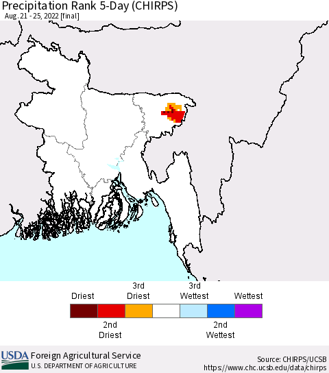 Bangladesh Precipitation Rank since 1981, 5-Day (CHIRPS) Thematic Map For 8/21/2022 - 8/25/2022