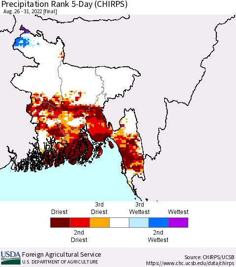 Bangladesh Precipitation Rank since 1981, 5-Day (CHIRPS) Thematic Map For 8/26/2022 - 8/31/2022