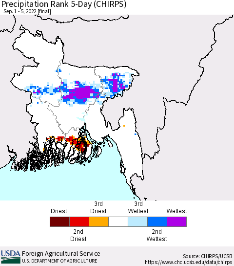 Bangladesh Precipitation Rank since 1981, 5-Day (CHIRPS) Thematic Map For 9/1/2022 - 9/5/2022