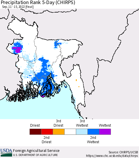 Bangladesh Precipitation Rank since 1981, 5-Day (CHIRPS) Thematic Map For 9/11/2022 - 9/15/2022