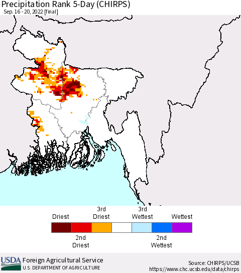 Bangladesh Precipitation Rank since 1981, 5-Day (CHIRPS) Thematic Map For 9/16/2022 - 9/20/2022