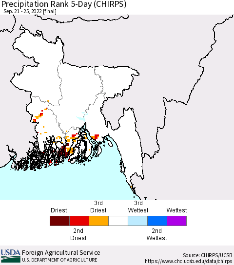 Bangladesh Precipitation Rank since 1981, 5-Day (CHIRPS) Thematic Map For 9/21/2022 - 9/25/2022