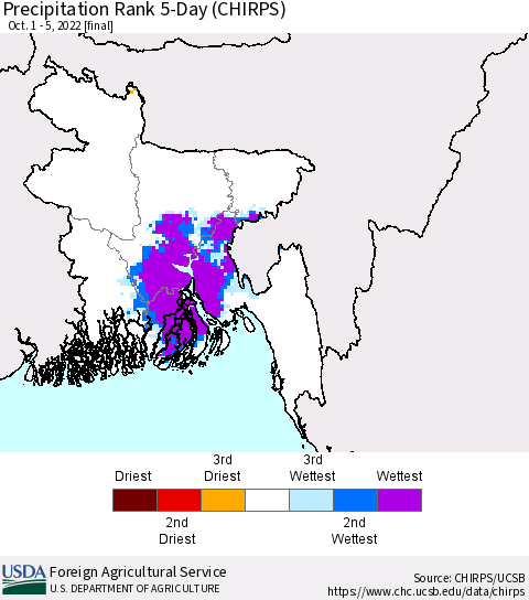 Bangladesh Precipitation Rank since 1981, 5-Day (CHIRPS) Thematic Map For 10/1/2022 - 10/5/2022