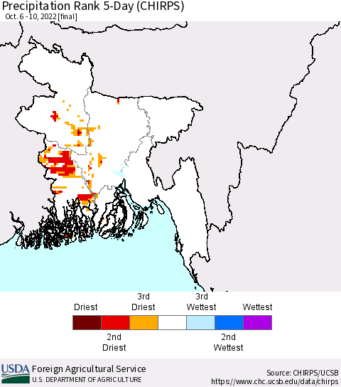 Bangladesh Precipitation Rank since 1981, 5-Day (CHIRPS) Thematic Map For 10/6/2022 - 10/10/2022