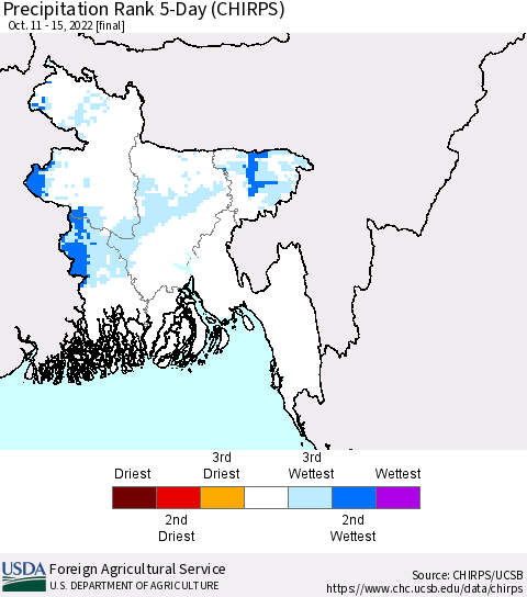 Bangladesh Precipitation Rank since 1981, 5-Day (CHIRPS) Thematic Map For 10/11/2022 - 10/15/2022