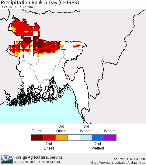 Bangladesh Precipitation Rank since 1981, 5-Day (CHIRPS) Thematic Map For 10/16/2022 - 10/20/2022