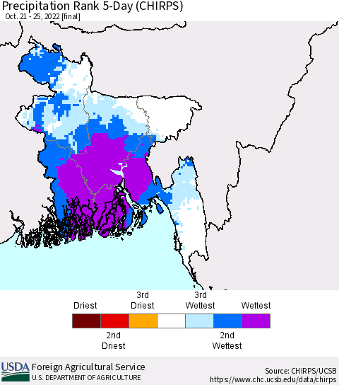 Bangladesh Precipitation Rank since 1981, 5-Day (CHIRPS) Thematic Map For 10/21/2022 - 10/25/2022