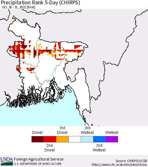 Bangladesh Precipitation Rank since 1981, 5-Day (CHIRPS) Thematic Map For 10/26/2022 - 10/31/2022