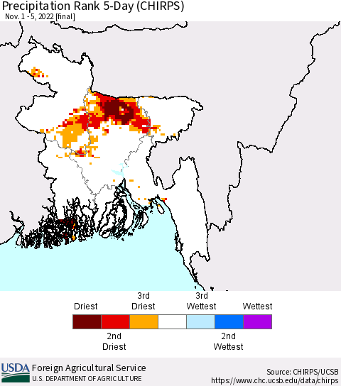 Bangladesh Precipitation Rank since 1981, 5-Day (CHIRPS) Thematic Map For 11/1/2022 - 11/5/2022