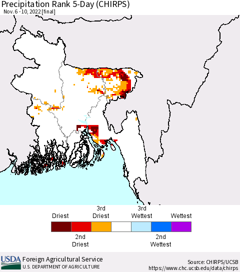 Bangladesh Precipitation Rank since 1981, 5-Day (CHIRPS) Thematic Map For 11/6/2022 - 11/10/2022
