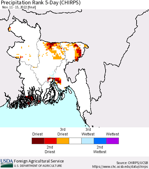 Bangladesh Precipitation Rank since 1981, 5-Day (CHIRPS) Thematic Map For 11/11/2022 - 11/15/2022