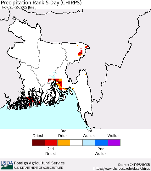 Bangladesh Precipitation Rank since 1981, 5-Day (CHIRPS) Thematic Map For 11/21/2022 - 11/25/2022