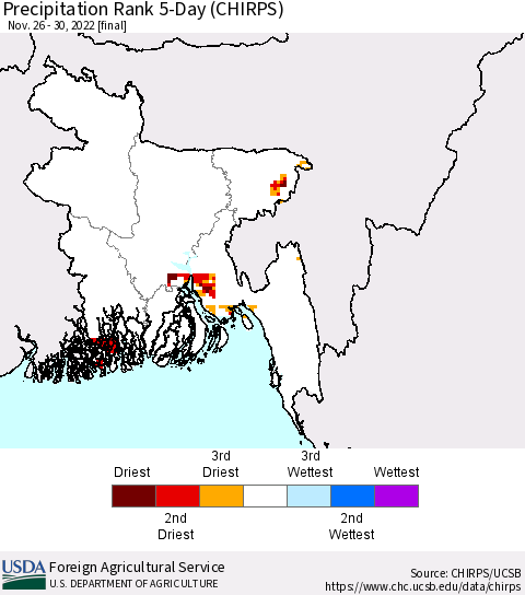 Bangladesh Precipitation Rank since 1981, 5-Day (CHIRPS) Thematic Map For 11/26/2022 - 11/30/2022