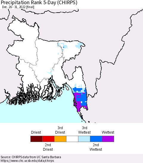Bangladesh Precipitation Rank since 1981, 5-Day (CHIRPS) Thematic Map For 12/26/2022 - 12/31/2022