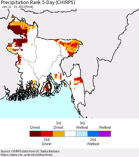 Bangladesh Precipitation Rank since 1981, 5-Day (CHIRPS) Thematic Map For 1/11/2023 - 1/15/2023