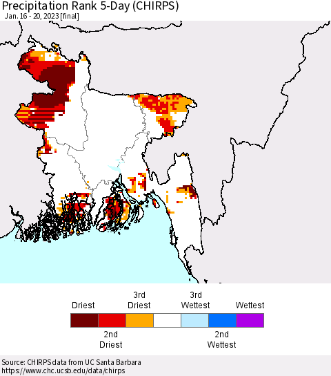 Bangladesh Precipitation Rank since 1981, 5-Day (CHIRPS) Thematic Map For 1/16/2023 - 1/20/2023