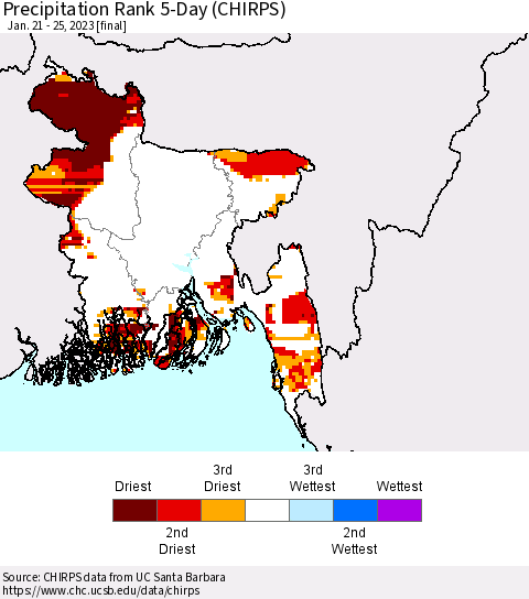 Bangladesh Precipitation Rank since 1981, 5-Day (CHIRPS) Thematic Map For 1/21/2023 - 1/25/2023