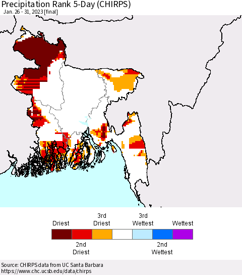 Bangladesh Precipitation Rank since 1981, 5-Day (CHIRPS) Thematic Map For 1/26/2023 - 1/31/2023