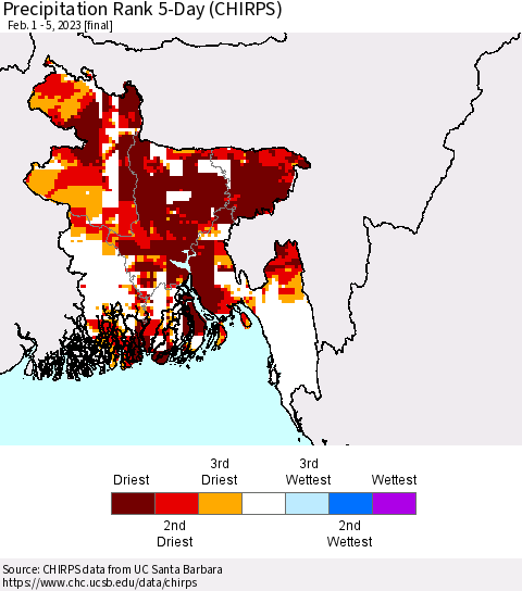 Bangladesh Precipitation Rank since 1981, 5-Day (CHIRPS) Thematic Map For 2/1/2023 - 2/5/2023