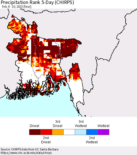 Bangladesh Precipitation Rank since 1981, 5-Day (CHIRPS) Thematic Map For 2/6/2023 - 2/10/2023