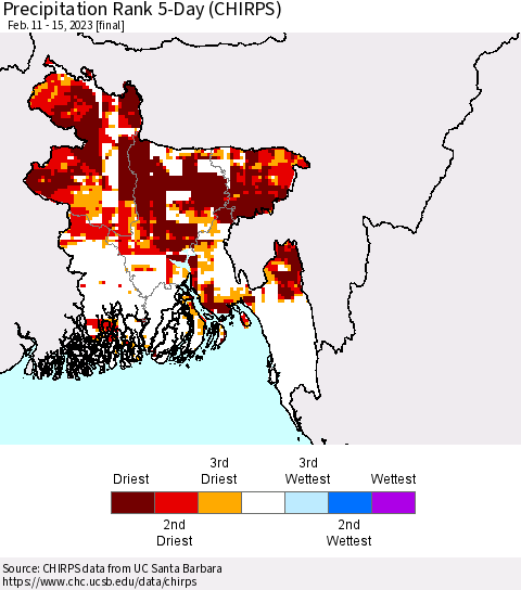 Bangladesh Precipitation Rank since 1981, 5-Day (CHIRPS) Thematic Map For 2/11/2023 - 2/15/2023