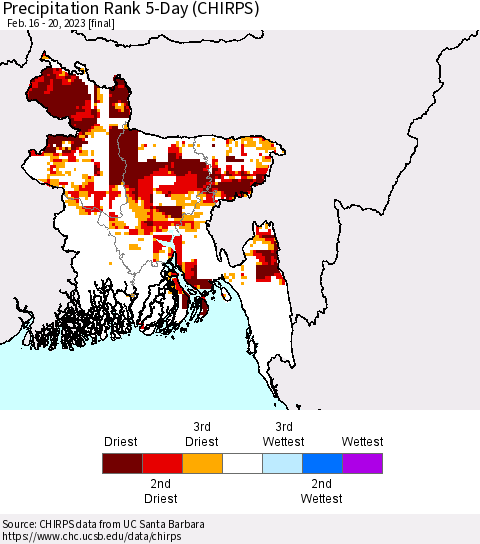 Bangladesh Precipitation Rank since 1981, 5-Day (CHIRPS) Thematic Map For 2/16/2023 - 2/20/2023